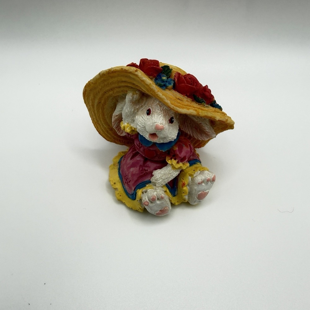 VTG Figure Hand‎ Painted White Bunny Wearing A Hat With Roses And A Pink Dress
